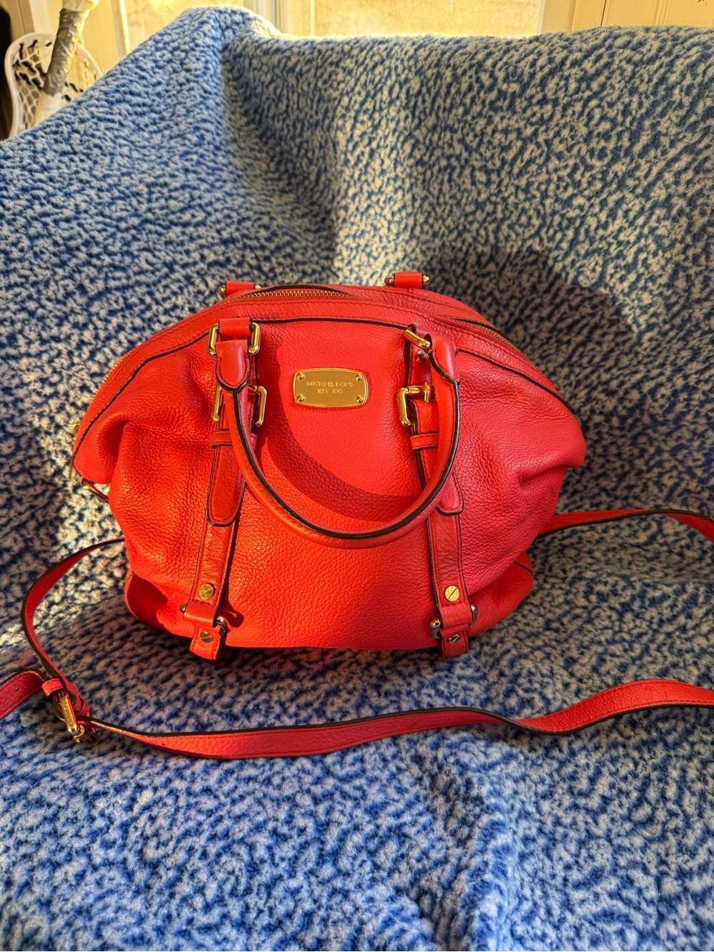 Michael Kors Coral-Red Pebbled Leather Satchel with Gold Hardware